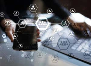 Digitale Netzwerkdarstellung mit Icons – Infrastrukturmanagement in Stuttgart mit Fokus auf Reinigung, Sicherheit und Hausmeisterservice.